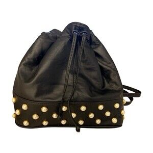Vtg Black Leather Crossbody Bucket Handbag‎ Purse Designer Saereun of New York